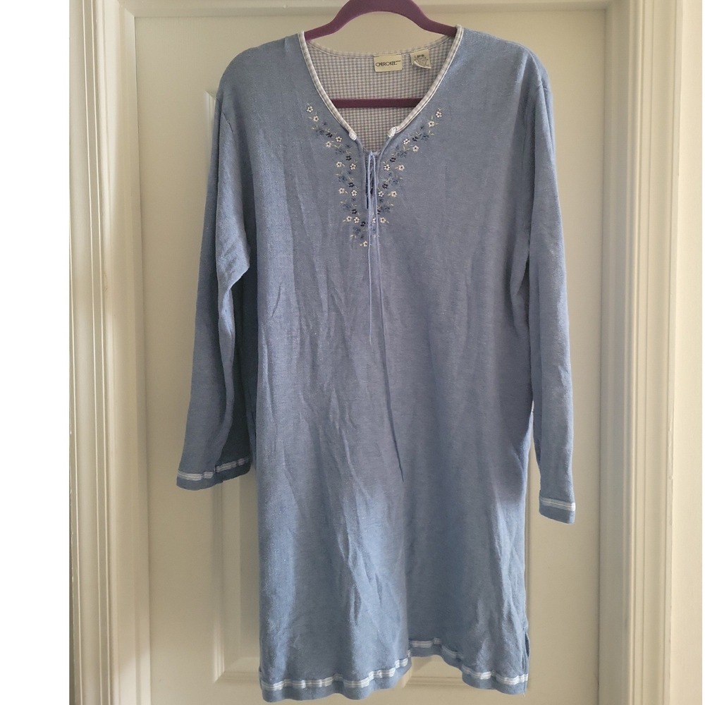 Cherokee Blue Floral Embroidered Gingham Trim Long Sleeve Nightgown Sz L